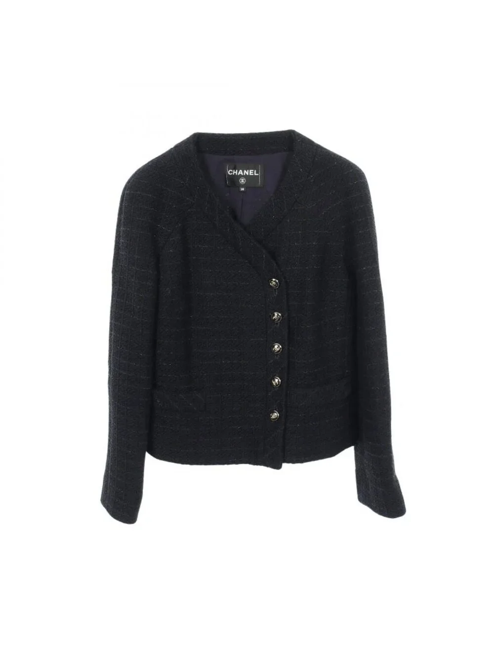Chanel Collarless Jacket CC Logo Button Double Breasted Tweed Cotton